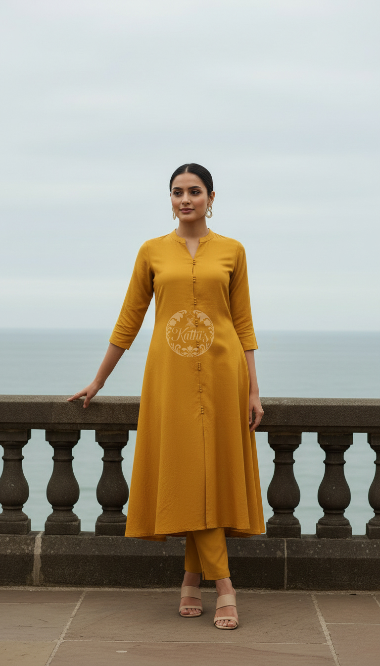 Mustard Art Silk Solid Kurta Set