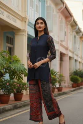 Navy Blue Muslin Solid Co-Ord Set