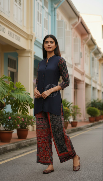 Navy Blue Muslin Solid Co-Ord Set