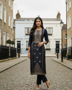 Navy Blue Russian Silk Zari Woven Kurta Set With Zari Woven