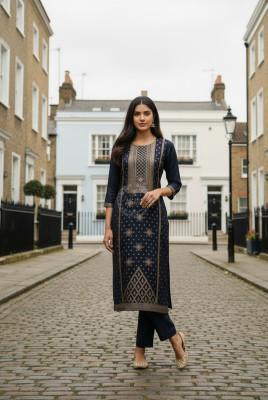 Navy Blue Russian Silk Zari Woven Kurta Set With Zari Woven