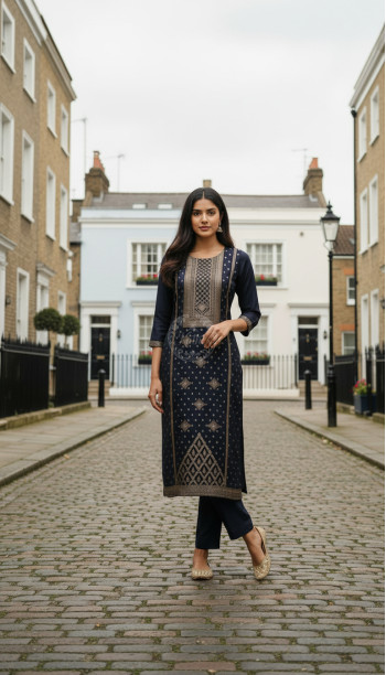 Navy Blue Russian Silk Zari Woven Kurta Set With Zari Woven