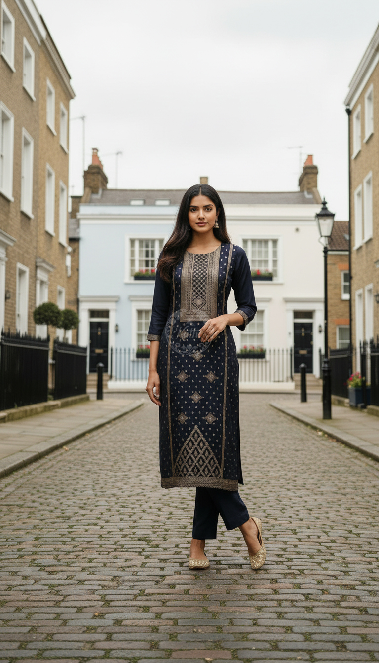 Navy Blue Russian Silk Zari Woven Kurta Set With Zari Woven