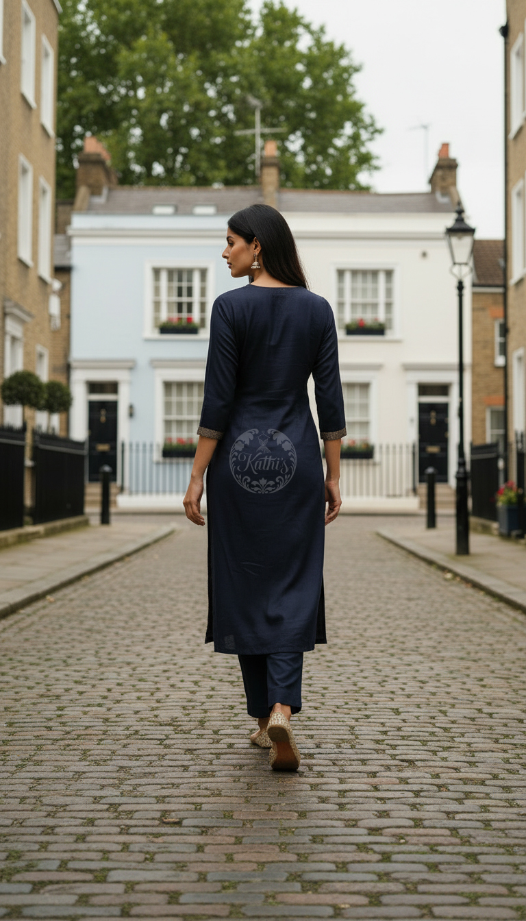 Navy Blue Russian Silk Zari Woven Kurta Set With Zari Woven