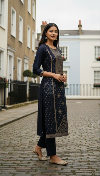 Navy Blue Russian Silk Zari Woven Kurta Set With Zari Woven