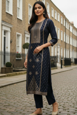 Navy Blue Russian Silk Zari Woven Kurta Set With Zari Woven