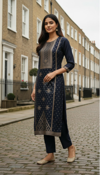 Navy Blue Russian Silk Zari Woven Kurta Set With Zari Woven