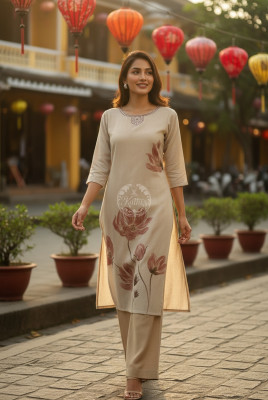 Beige Pure Cotton Floral Print Kurta With Mirror Work