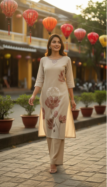 Beige Pure Cotton Floral Print Kurta With Mirror Work