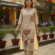 Beige Pure Cotton Floral Print Kurta With Mirror Work