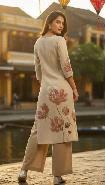 Beige Pure Cotton Floral Print Kurta With Mirror Work