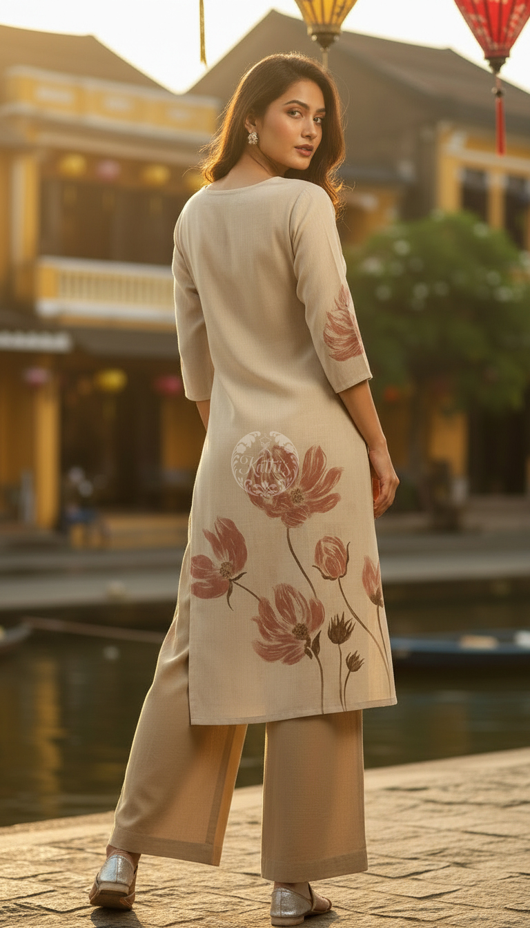 Beige Pure Cotton Floral Print Kurta With Mirror Work