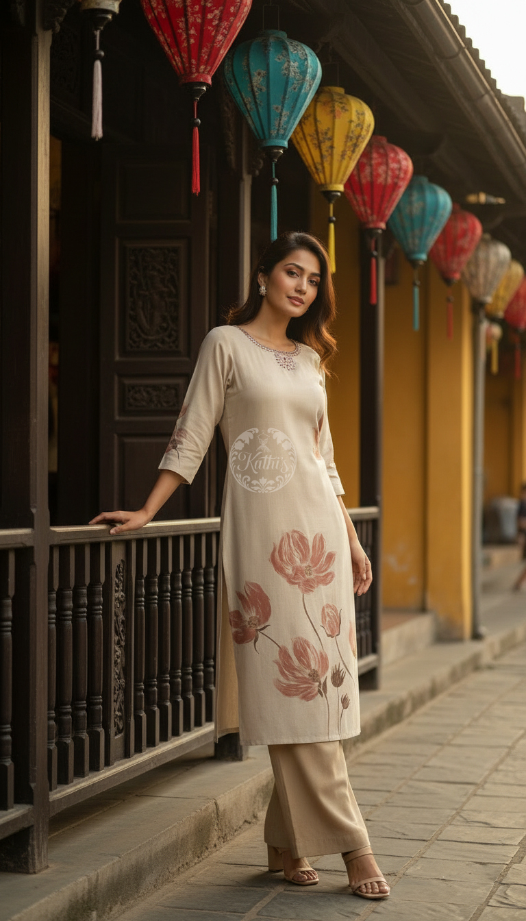 Beige Pure Cotton Floral Print Kurta With Mirror Work