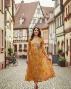 Mustard Chinon Floral Print Dress With Beads