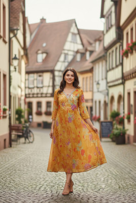 Mustard Chinon Floral Print Dress With Beads
