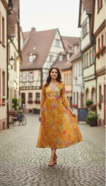Mustard Chinon Floral Print Dress With Beads