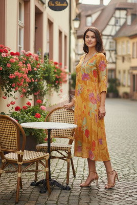 Mustard Chinon Floral Print Dress With Beads