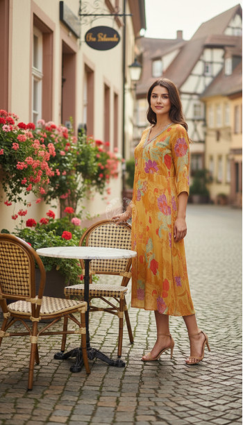 Mustard Chinon Floral Print Dress With Beads