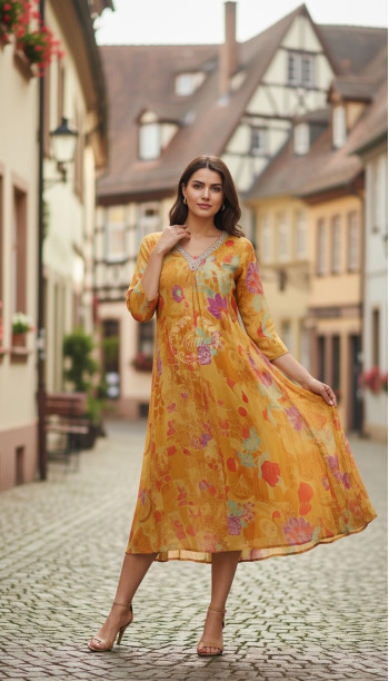 Mustard Chinon Floral Print Dress With Beads