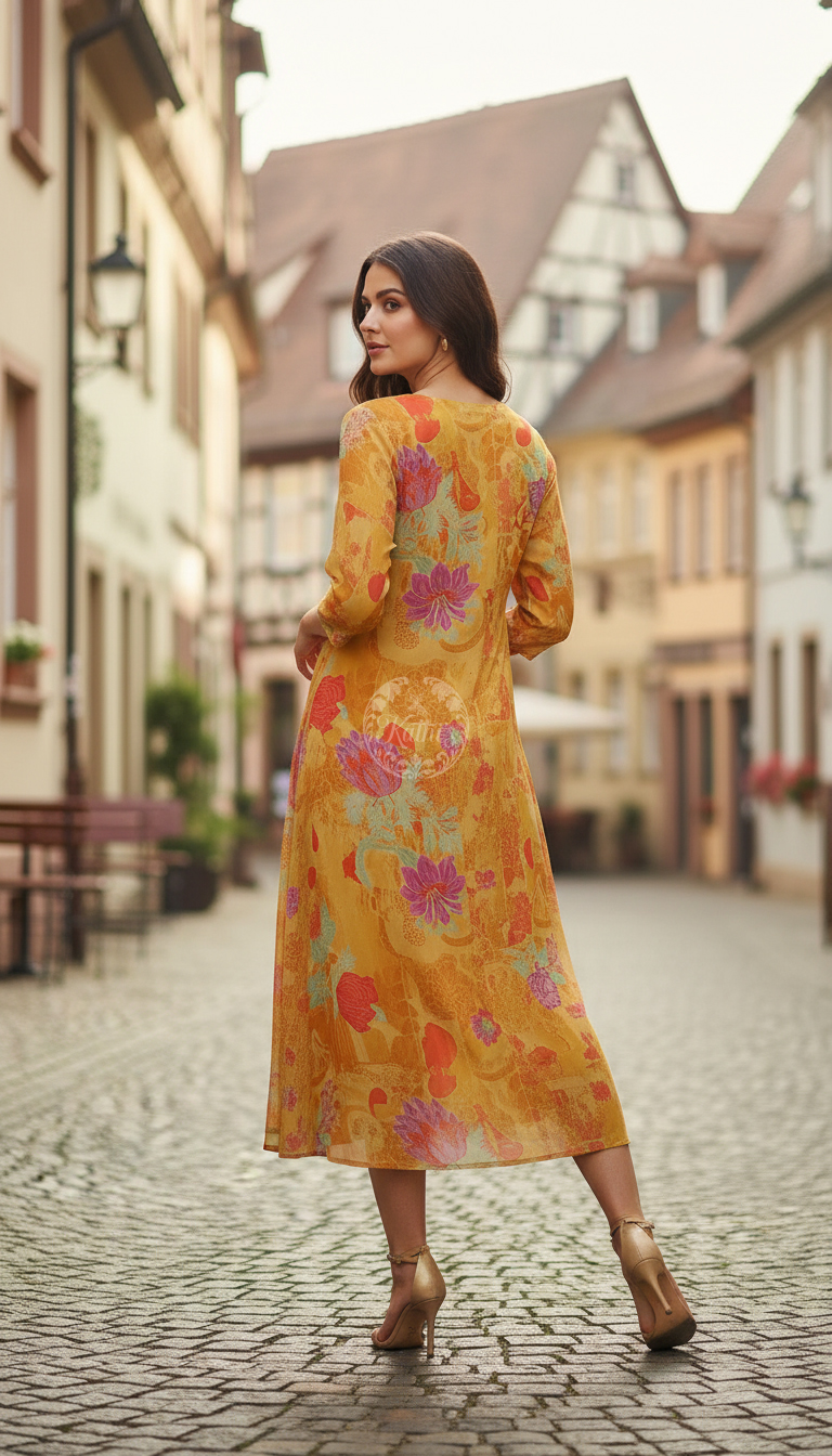 Mustard Chinon Floral Print Dress With Beads