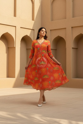Orange Chinon Floral Print Dress With Mirror And Cutdana