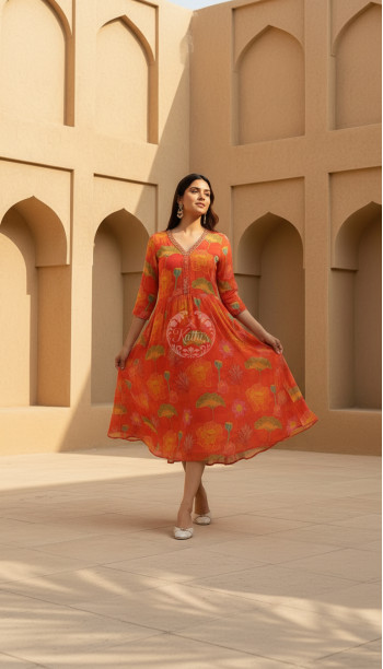 Orange Chinon Floral Print Dress With Mirror And Cutdana