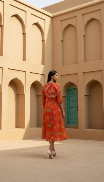 Orange Chinon Floral Print Dress With Mirror And Cutdana