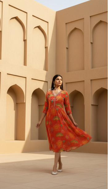 Orange Chinon Floral Print Dress With Mirror And Cutdana