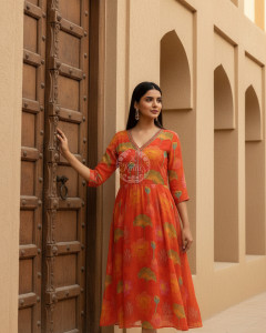 Orange Chinon Floral Print Dress With Mirror And Cutdana
