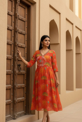 Orange Chinon Floral Print Dress With Mirror And Cutdana