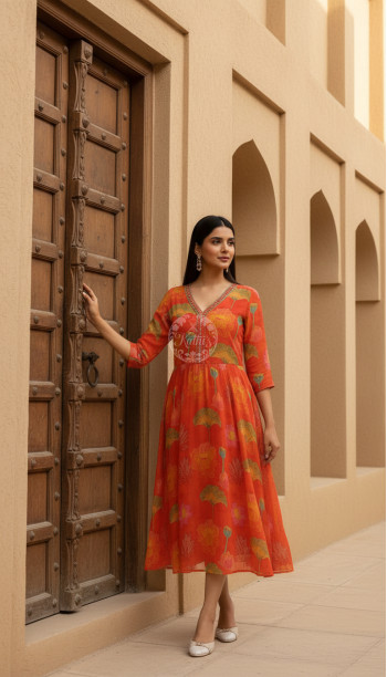 Orange Chinon Floral Print Dress With Mirror And Cutdana