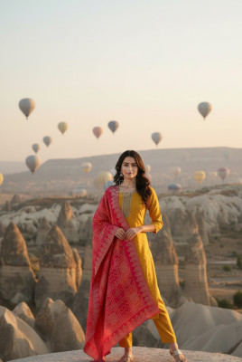 Mustard Chanderi Woven Design Suit Set With Zardosi