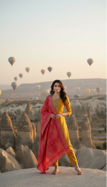 Mustard Chanderi Woven Design Suit Set With Zardosi