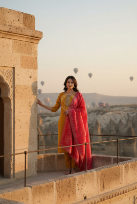 Mustard Chanderi Woven Design Suit Set With Zardosi