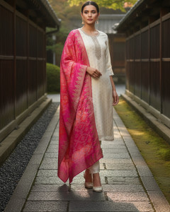 Off White Chanderi Woven Design Suit Set With Zardosi