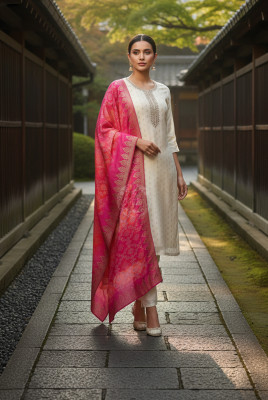 Off White Chanderi Woven Design Suit Set With Zardosi