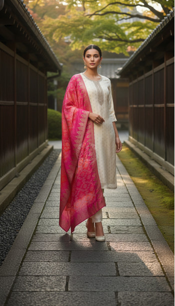 Off White Chanderi Woven Design Suit Set With Zardosi