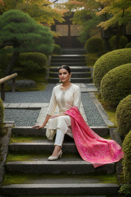 Off White Chanderi Woven Design Suit Set With Zardosi