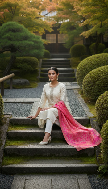 Off White Chanderi Woven Design Suit Set With Zardosi