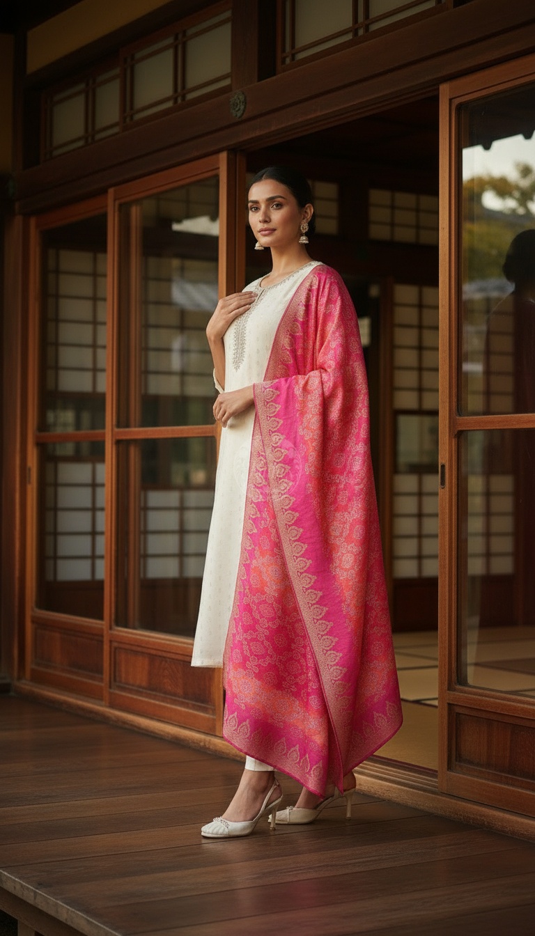 Off White Chanderi Woven Design Suit Set With Zardosi