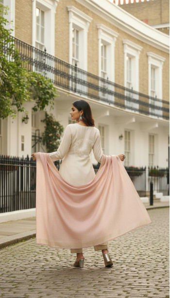 Beige Floral Zardosi Embroidered Layered Suit Set With Dupatta