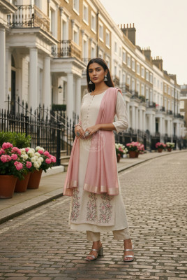 Beige Floral Zardosi Embroidered Layered Suit Set With Dupatta