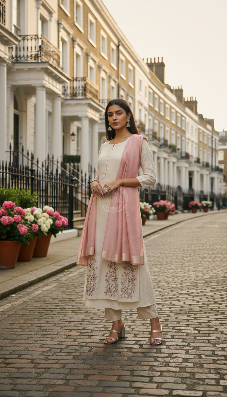 Beige Floral Zardosi Embroidered Layered Suit Set With Dupatta