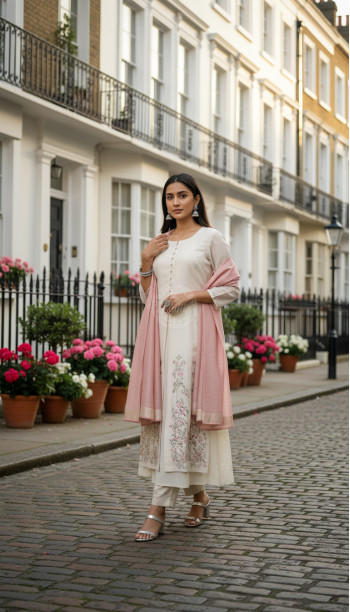 Beige Floral Zardosi Embroidered Layered Suit Set With Dupatta