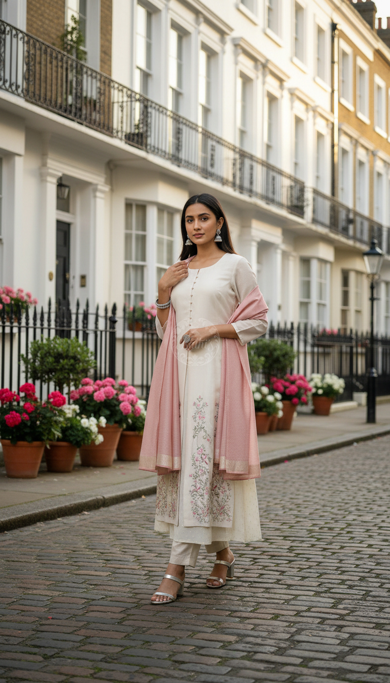 Beige Floral Zardosi Embroidered Layered Suit Set With Dupatta
