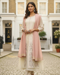 Beige Floral Zardosi Embroidered Layered Suit Set With Dupatta