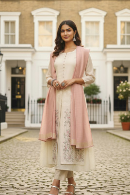 Beige Floral Zardosi Embroidered Layered Suit Set With Dupatta