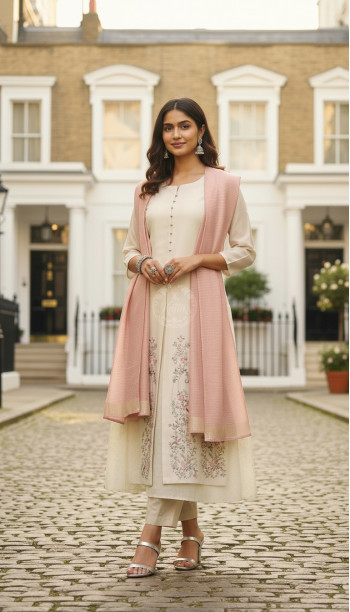 Beige Floral Zardosi Embroidered Layered Suit Set With Dupatta