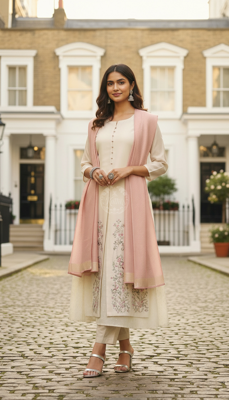 Beige Floral Zardosi Embroidered Layered Suit Set With Dupatta