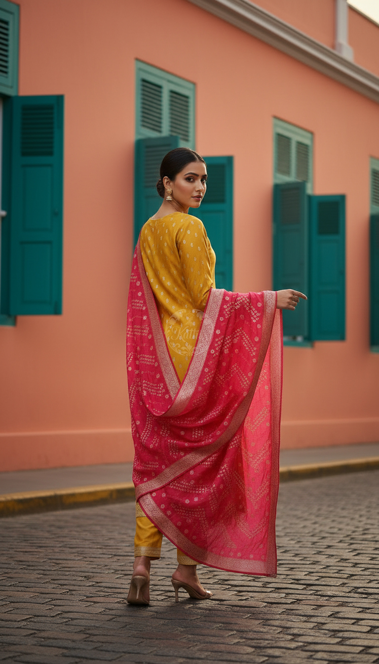 Mustard Chanderi Embellished Suit Set With Sequins